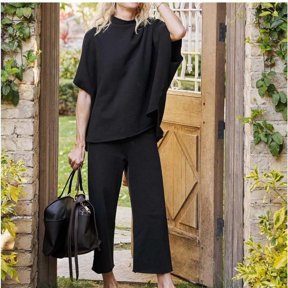 Two Piece Batwing Short Sleeve Mock Neck Pullover Top Wide Leg Pants Lounge
